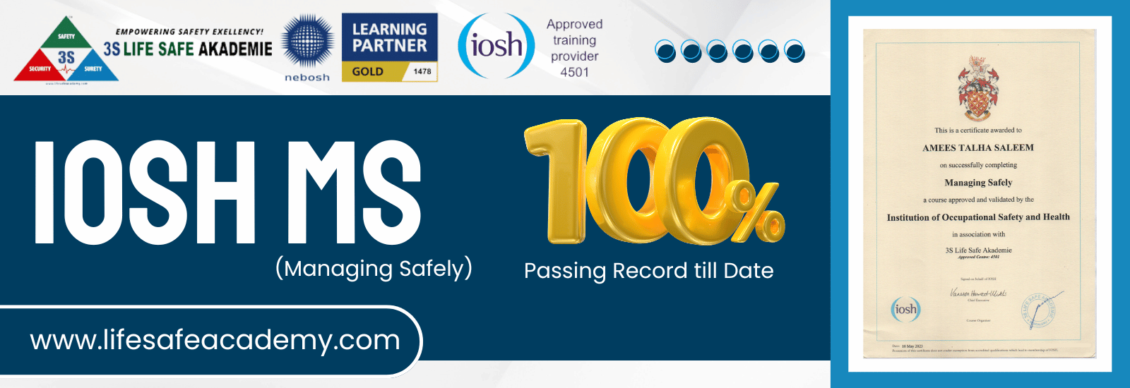 IOSH Banner with our passing rate and one sample certificate of IOSH MS